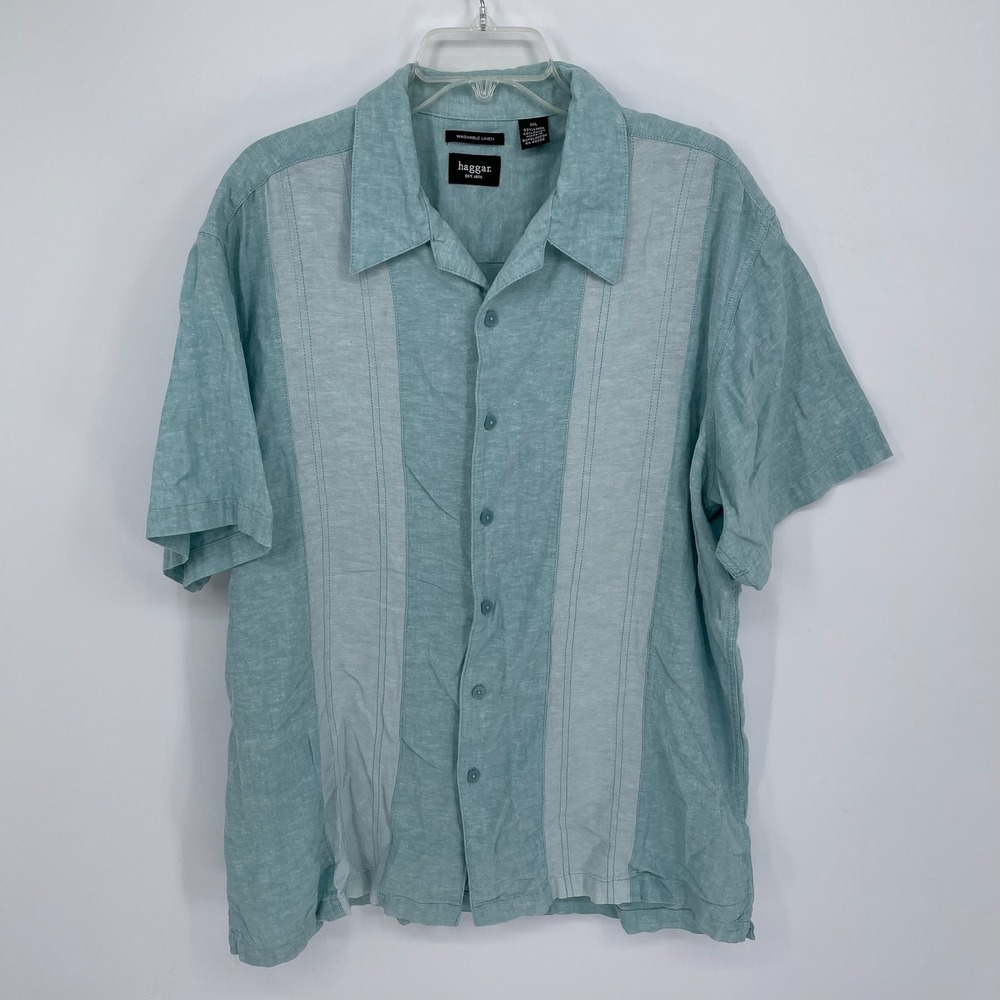 Haggar Men's Blue Linen Blend Button Up Short Sleeve Bowling Camp Shirt Size XXL